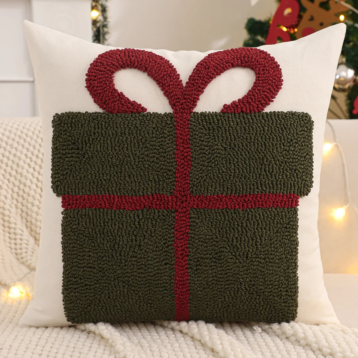 Tufted Christmas Pillow Cover, Bow, Tree or Gift Design