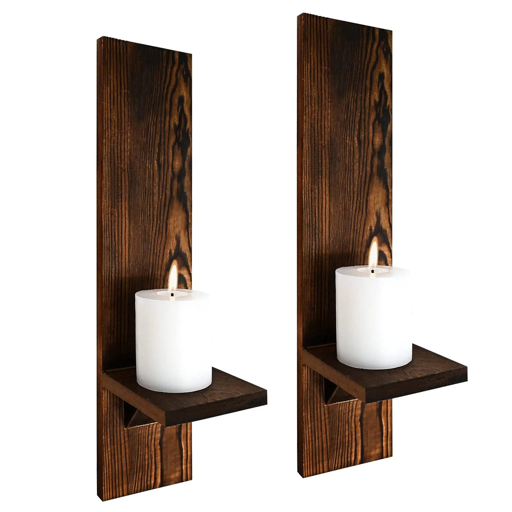 Wooden Candle Sconces, Rustic Wall Pillar Holders (Set of 2)