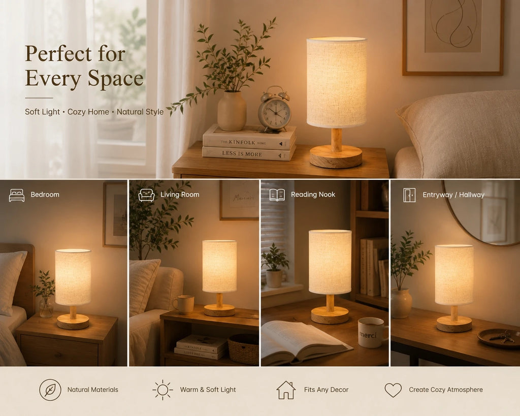 Linen Shade Table Lamp, Japandi Wood Bedside Lamp