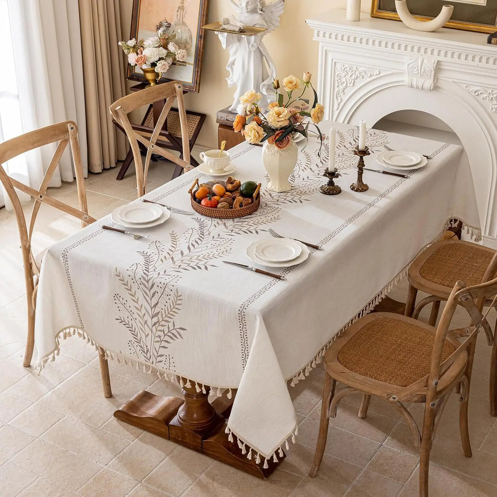 Embroidered Linen Tablecloth, Farmhouse Table Cover with Tassels