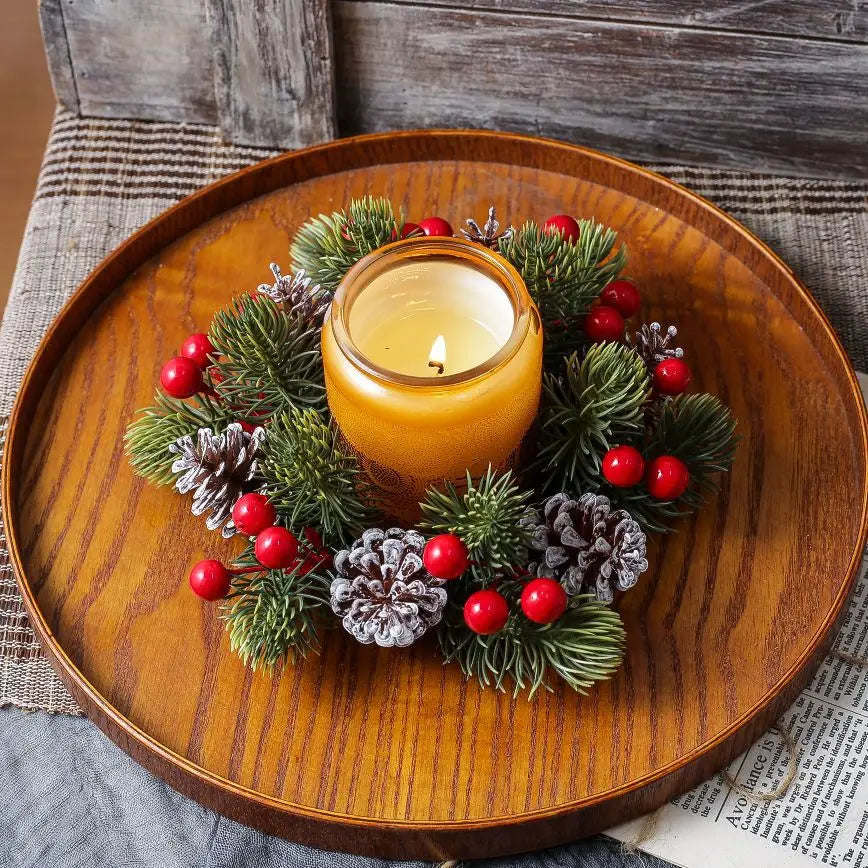 Pinecone & Berry Candle Ring, Christmas Wreath Centerpiece