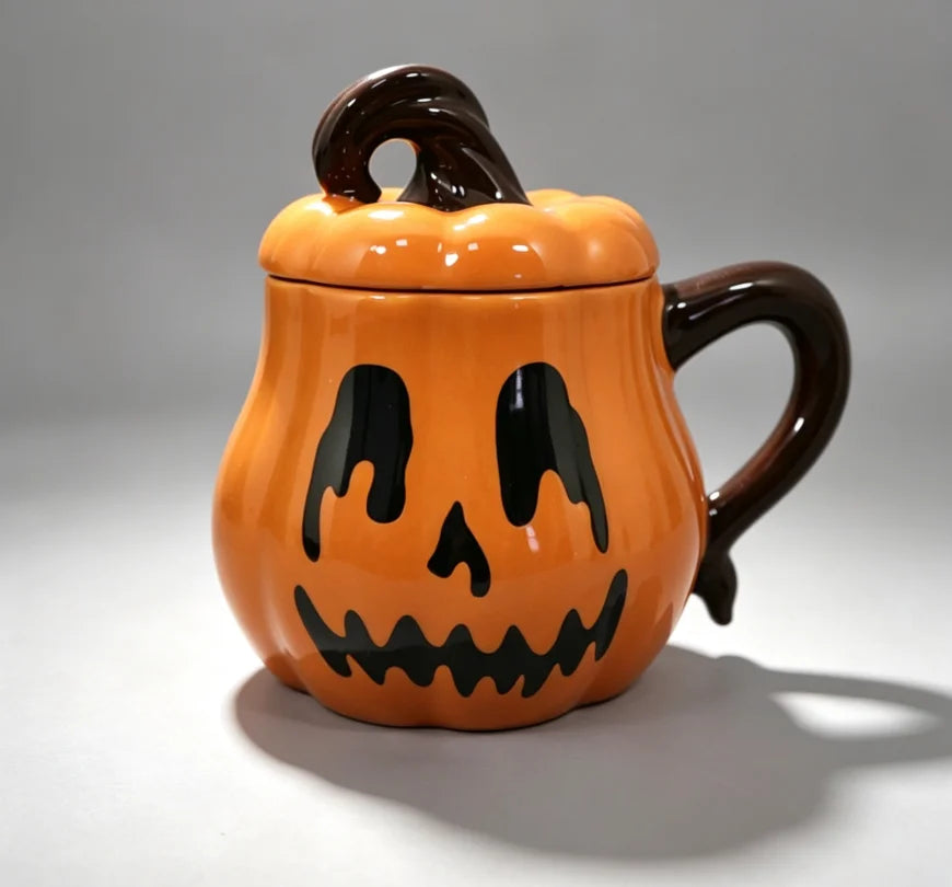 Jack-o'-Lantern Mug with Lid, Ceramic Pumpkin Cup (300ml)