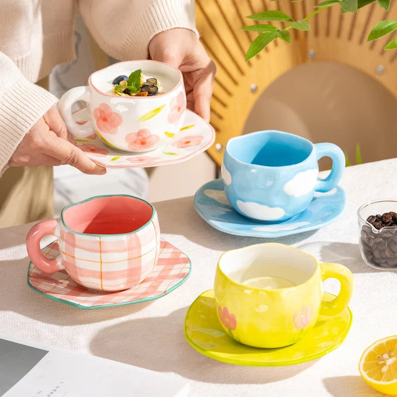 Hand-Painted Ceramic Mug, Cute Irregular Flower Coffee Mug