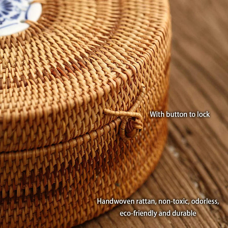 Handwoven Rattan Storage Box, Lidded Basket with Porcelain Inlay