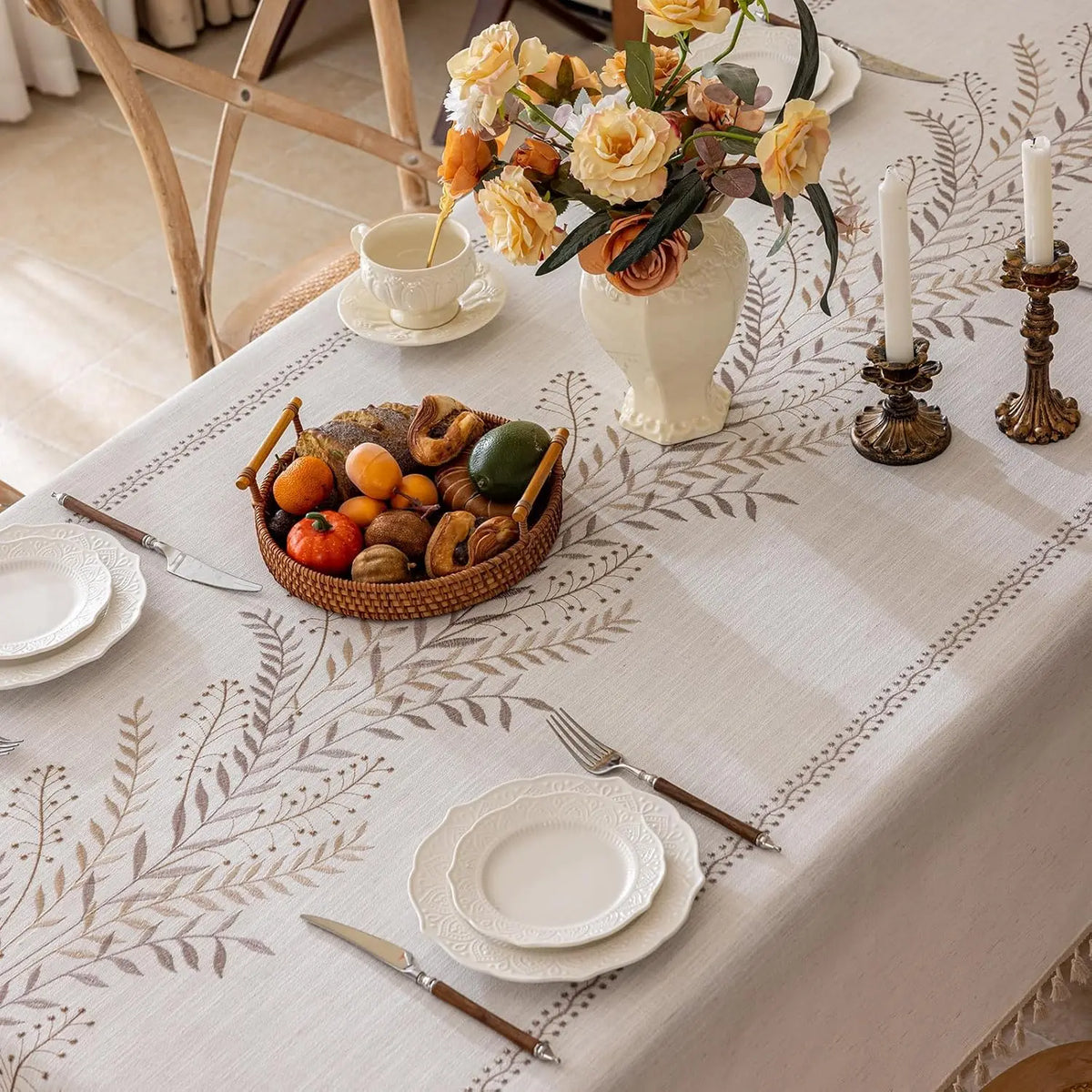 Embroidered Linen Tablecloth, Farmhouse Table Cover with Tassels