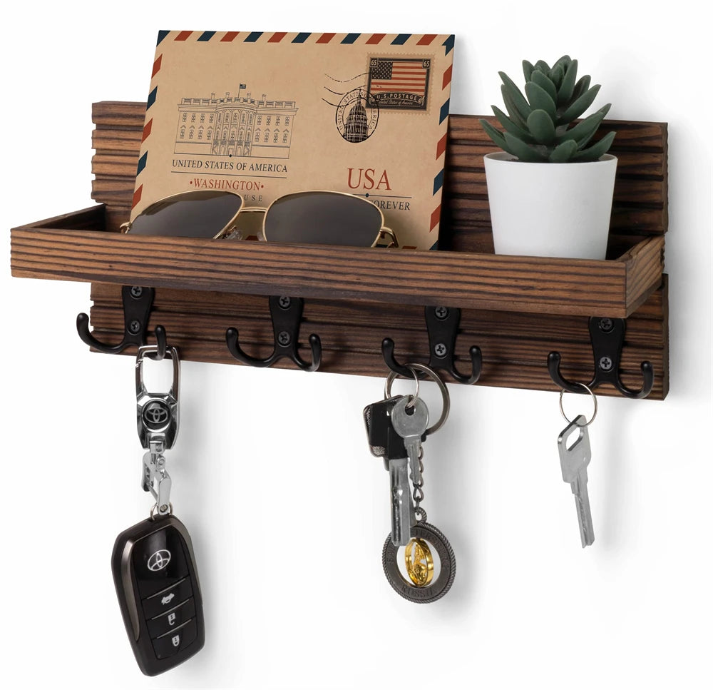 Rustic Wall Key Holder, Wooden Mail Shelf with 4 Hooks