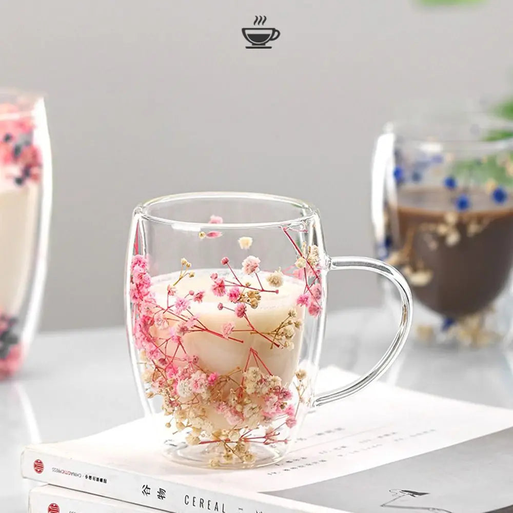 Dried Flower Glass Mug, Double Wall Coffee Cup (350ml)