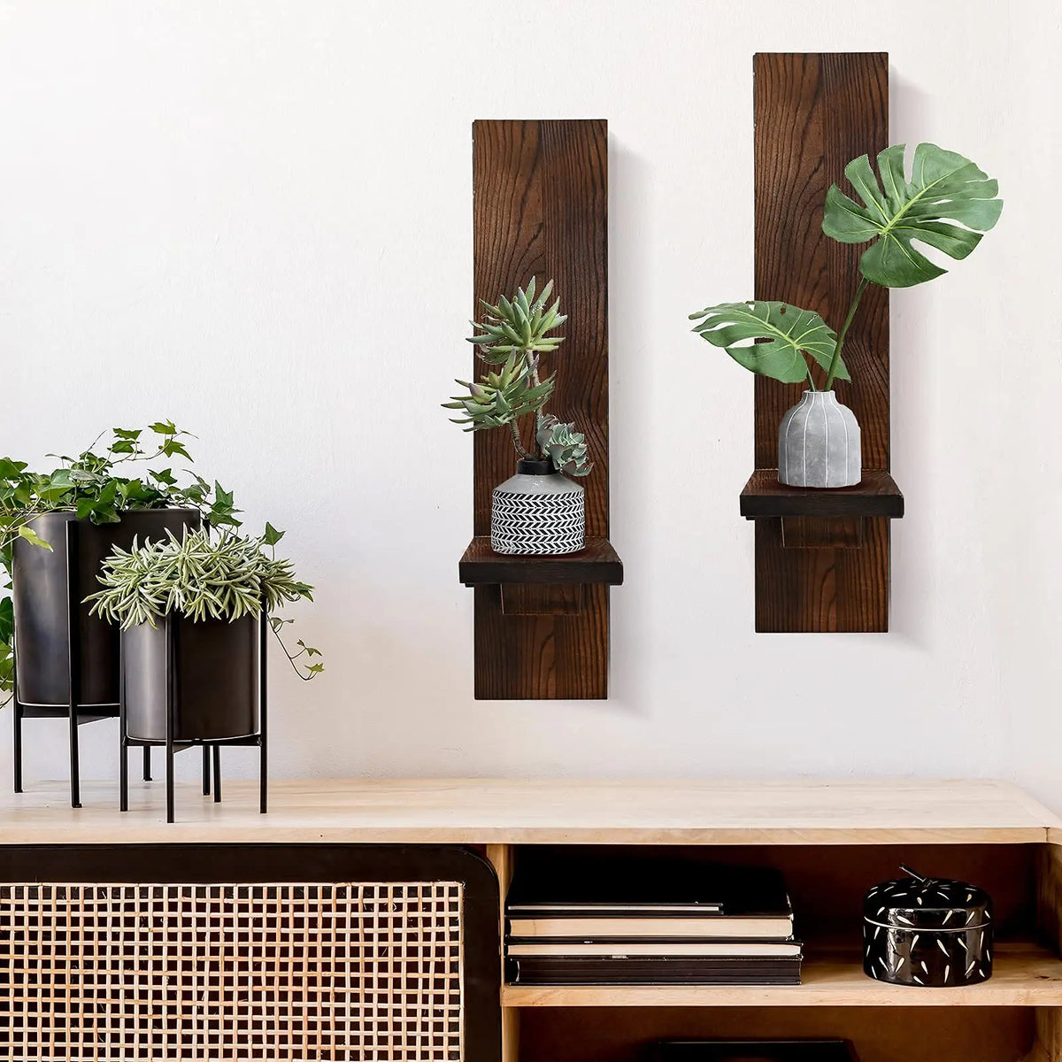Wooden Candle Sconces, Rustic Wall Pillar Holders (Set of 2)