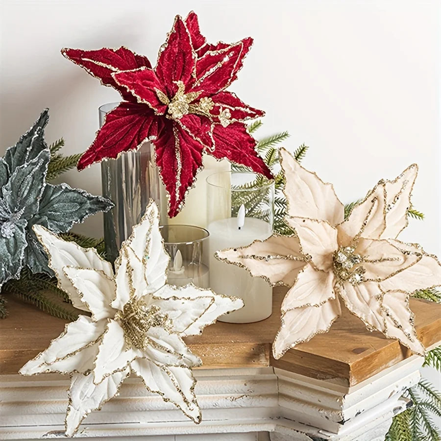 Velvet Poinsettia Stems, Glitter Christmas Flowers (Set of 4)