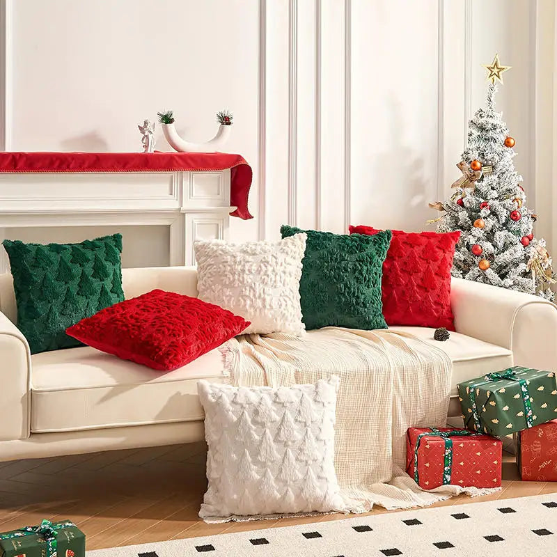 Plush Christmas Tree Pillow Cover, Embossed Holiday Cushion Cover