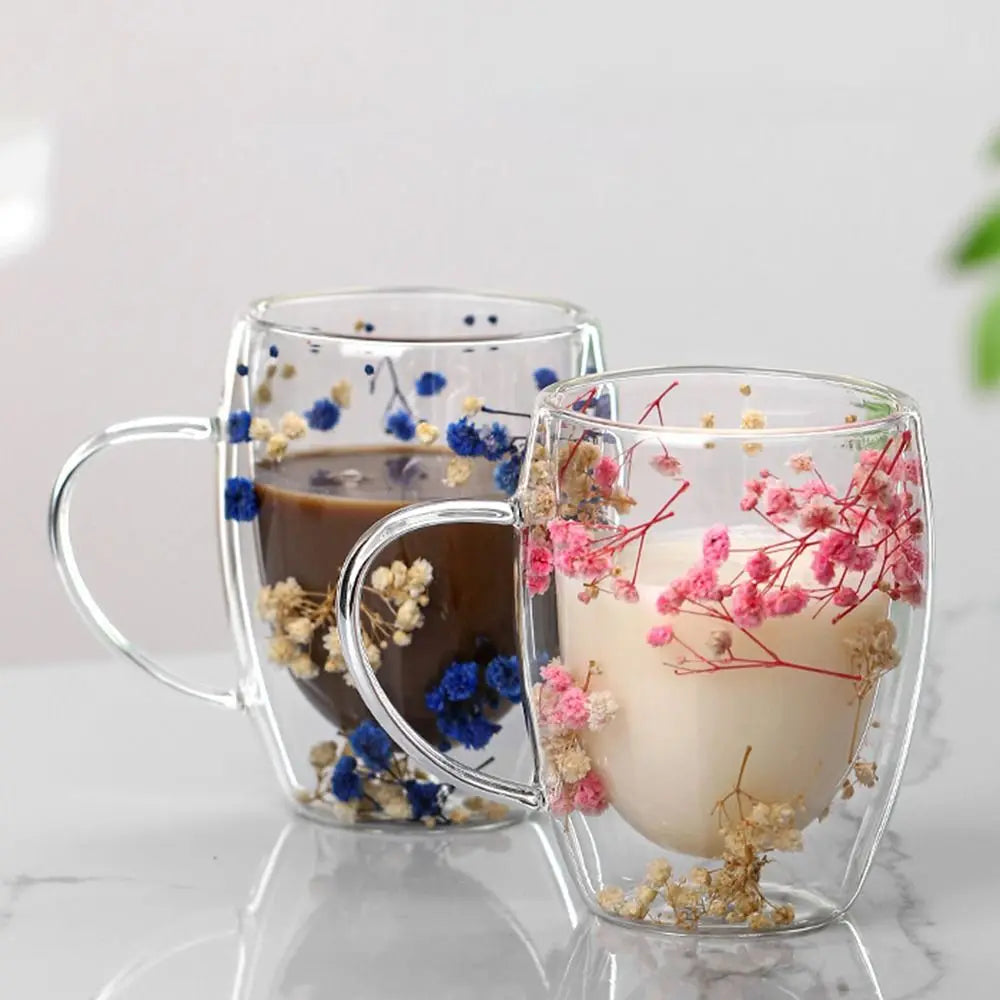 Dried Flower Glass Mug, Double Wall Coffee Cup (350ml)