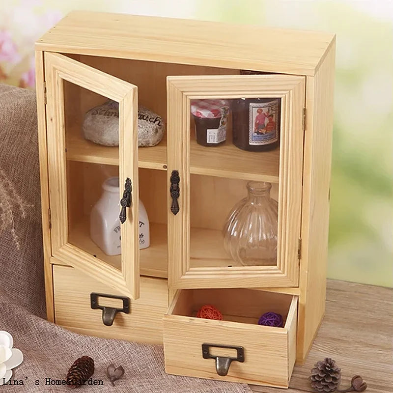 Vintage Wood Mini Cabinet, Tabletop Cupboard with Glass Doors & Drawers