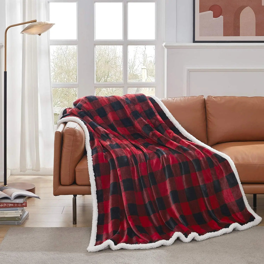 Buffalo Plaid Sherpa Throw, Red & Black Plush Blanket