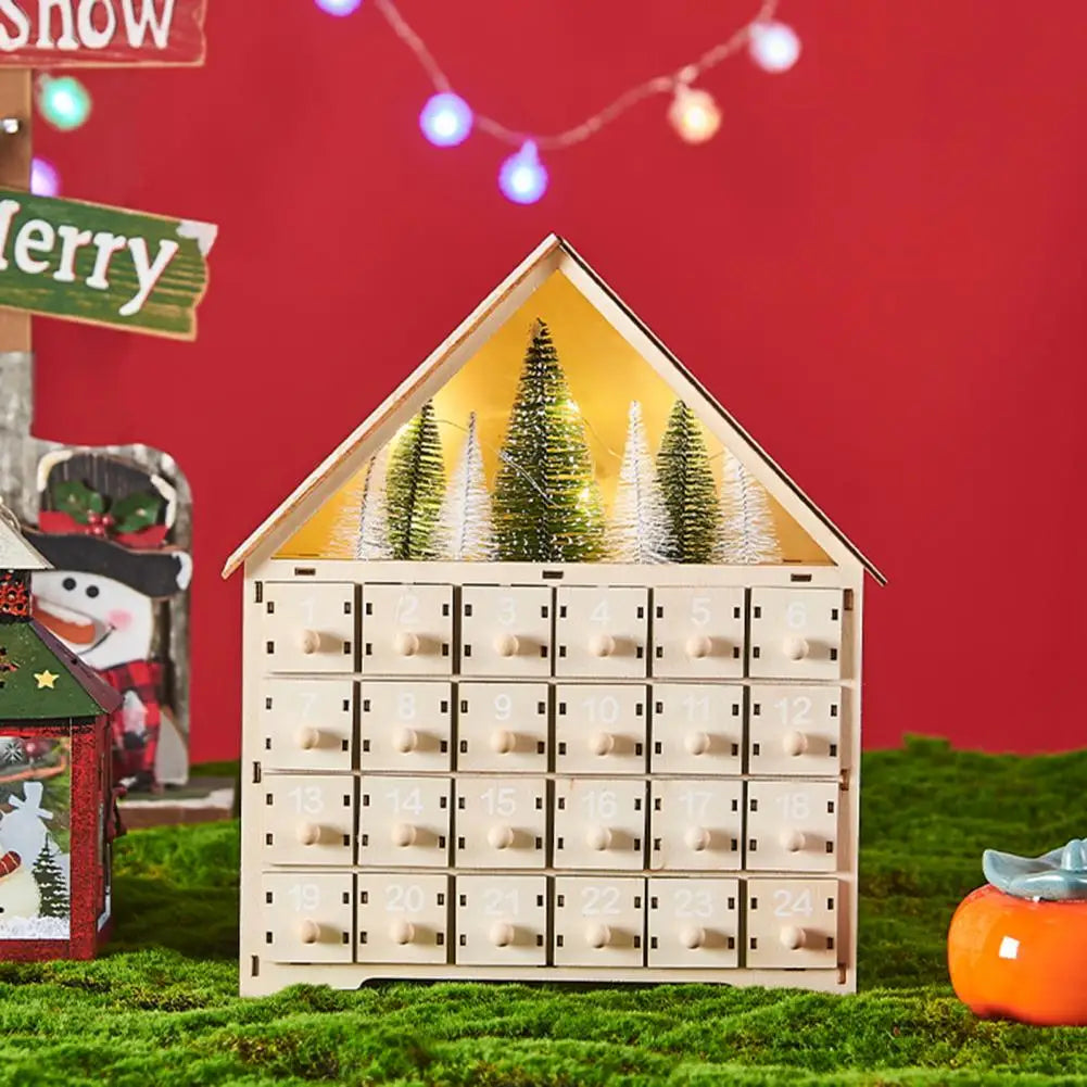 Wooden Advent Calendar House, 24 Drawers with Pine Tree Window