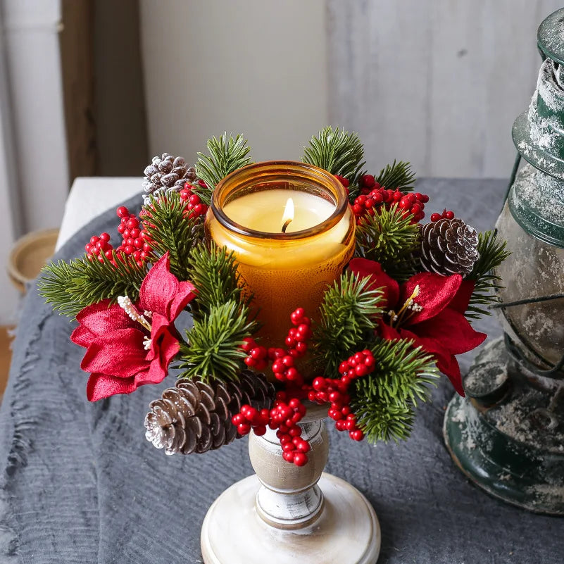 Pinecone & Berry Candle Ring, Christmas Wreath Centerpiece