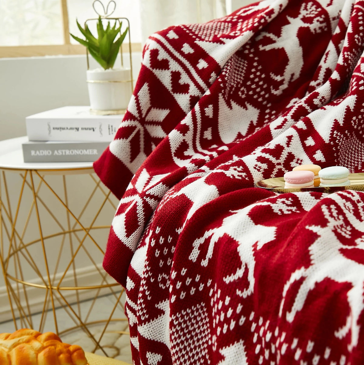 Nordic Knit Christmas Throw, Red Fair Isle Blanket