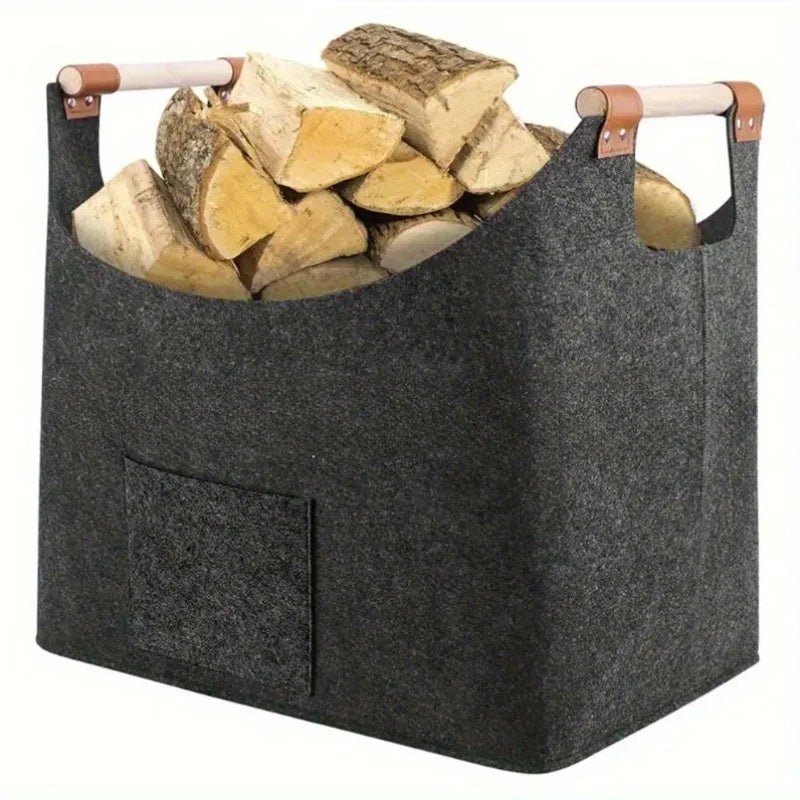 Felt Firewood Basket with Wood Handles, Foldable Log Holder