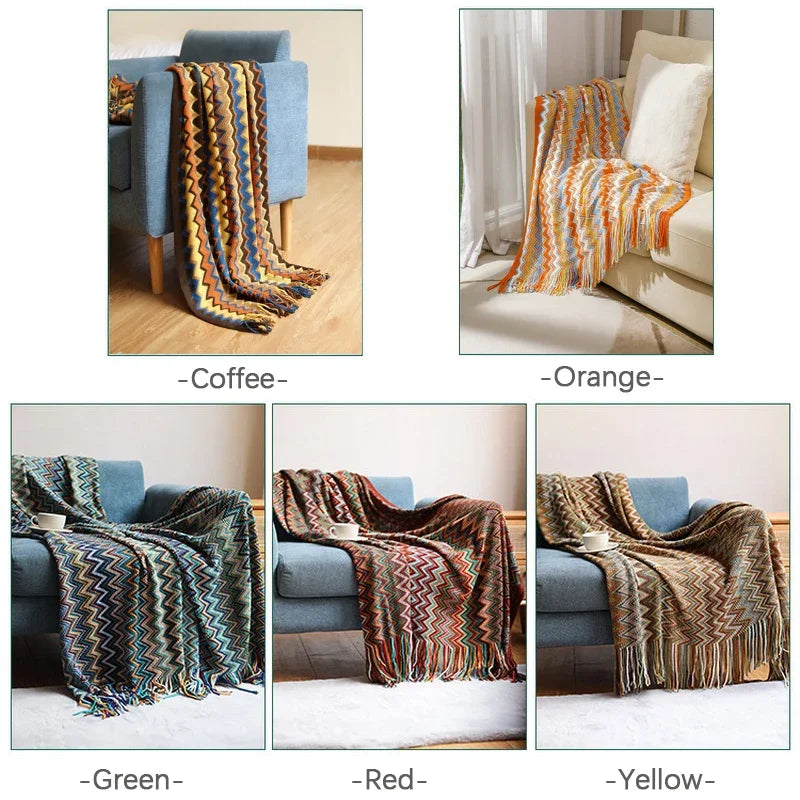 Boho Woven Throw Blanket with Tassels, Chevron Knit Couch Throw