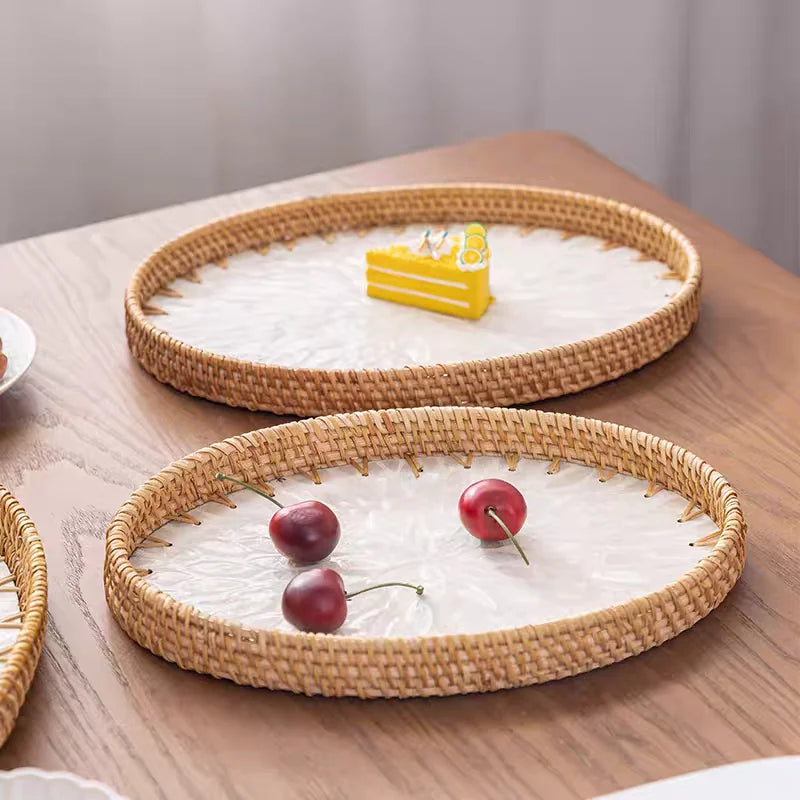 Rattan Pearl Tray, Round Woven Tray with Mother-of-Pearl
