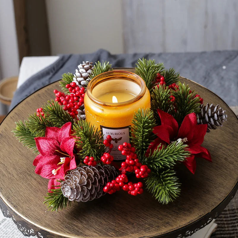 Pinecone & Berry Candle Ring, Christmas Wreath Centerpiece