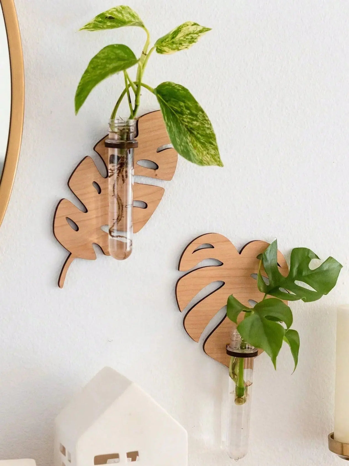 Leaf Wall Planters, Wooden Propagation Vases (Set of 2)
