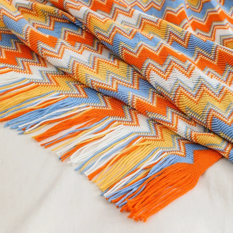 Boho Woven Throw Blanket with Tassels, Chevron Knit Couch Throw