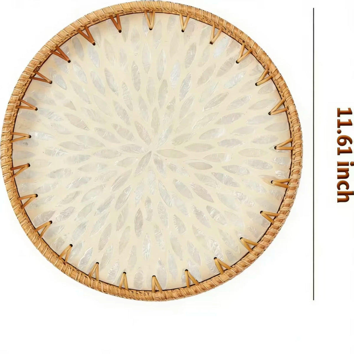 Rattan Pearl Tray, Round Woven Tray with Mother-of-Pearl