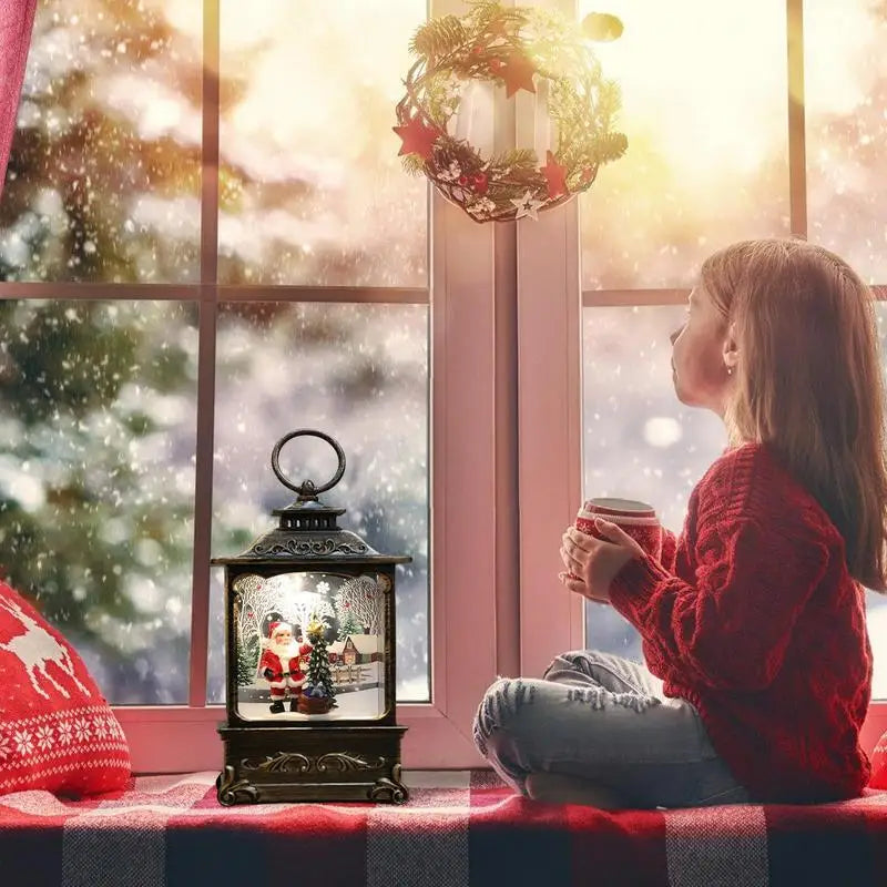 Swirling Snow Globe Lantern, Lighted Christmas Scene