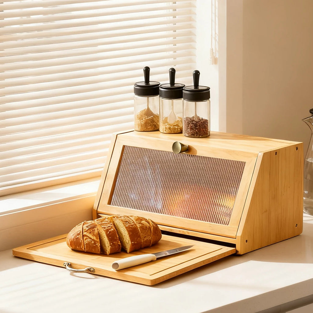 Bamboo Bread Box with Cutting Board, Countertop Bread Bin