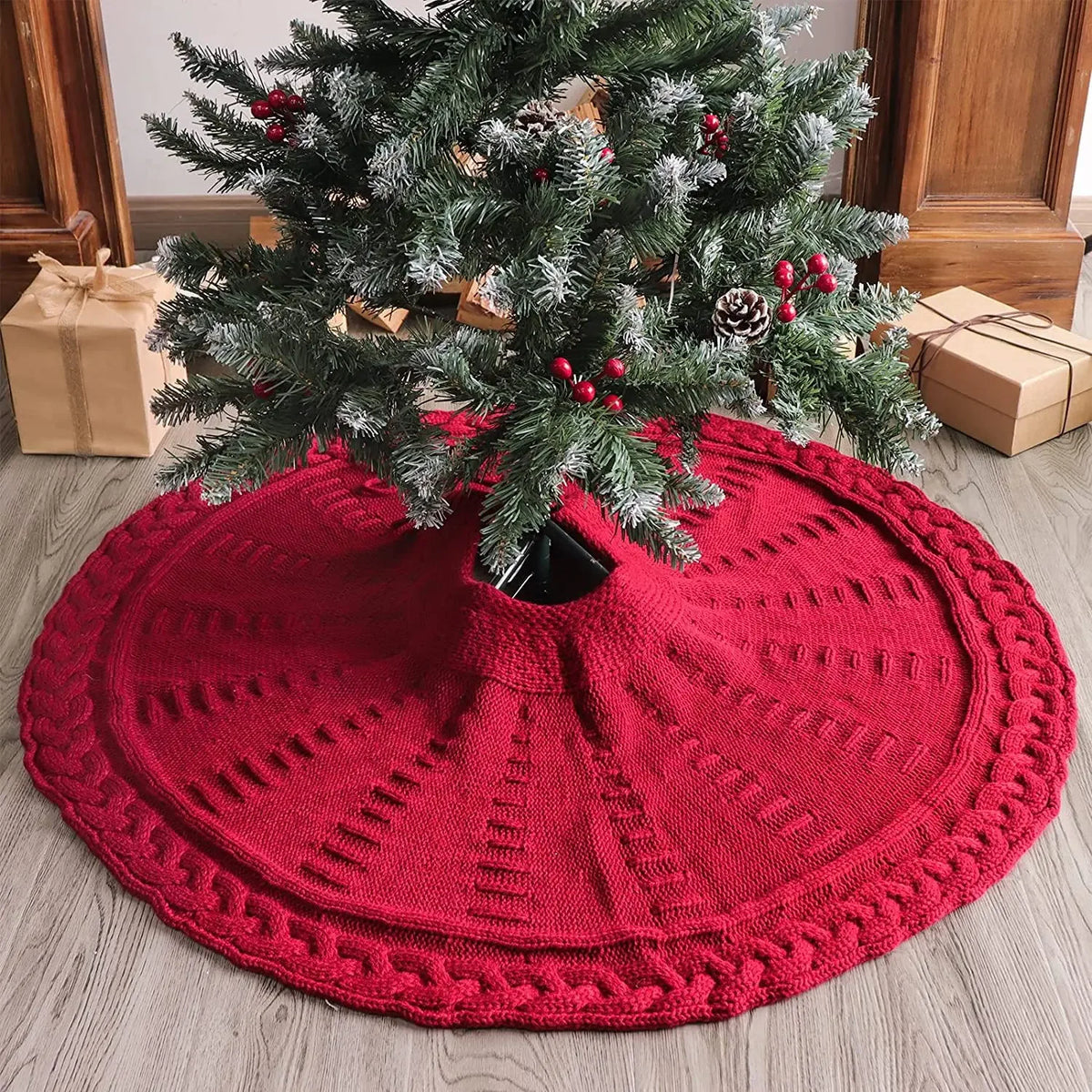 Cable Knit Christmas Tree Skirt, Chunky Knitted Holiday Tree Skirt