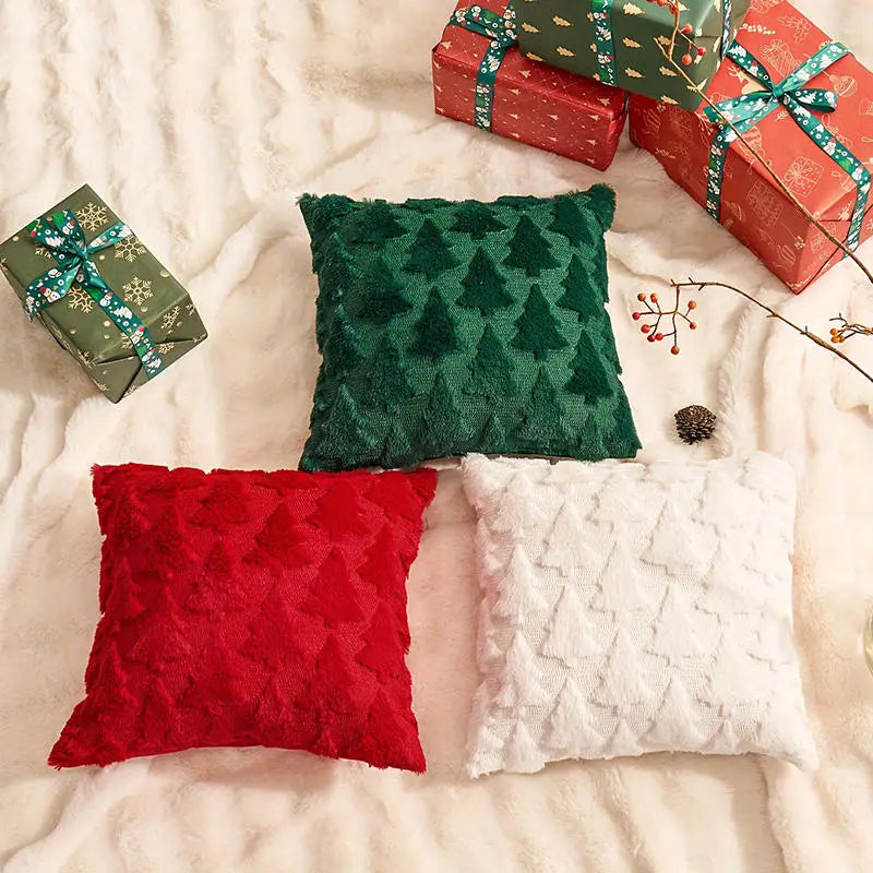 Plush Christmas Tree Pillow Cover, Embossed Holiday Cushion Cover