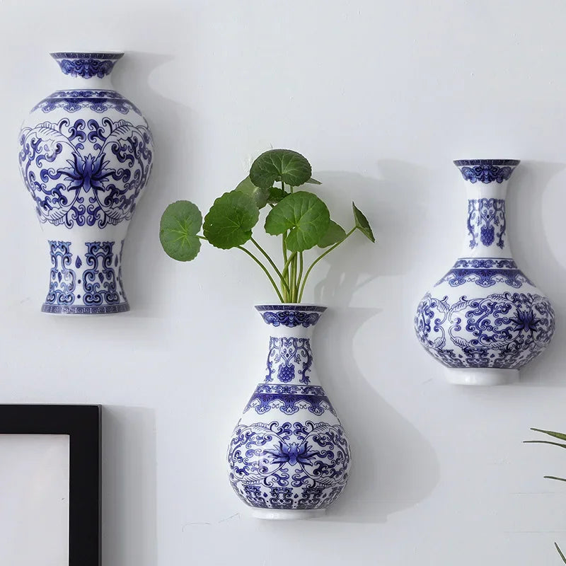 Blue & White Porcelain Wall Vase, Hanging Plant Vase