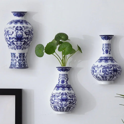 Blue & White Porcelain Wall Vase, Hanging Plant Vase