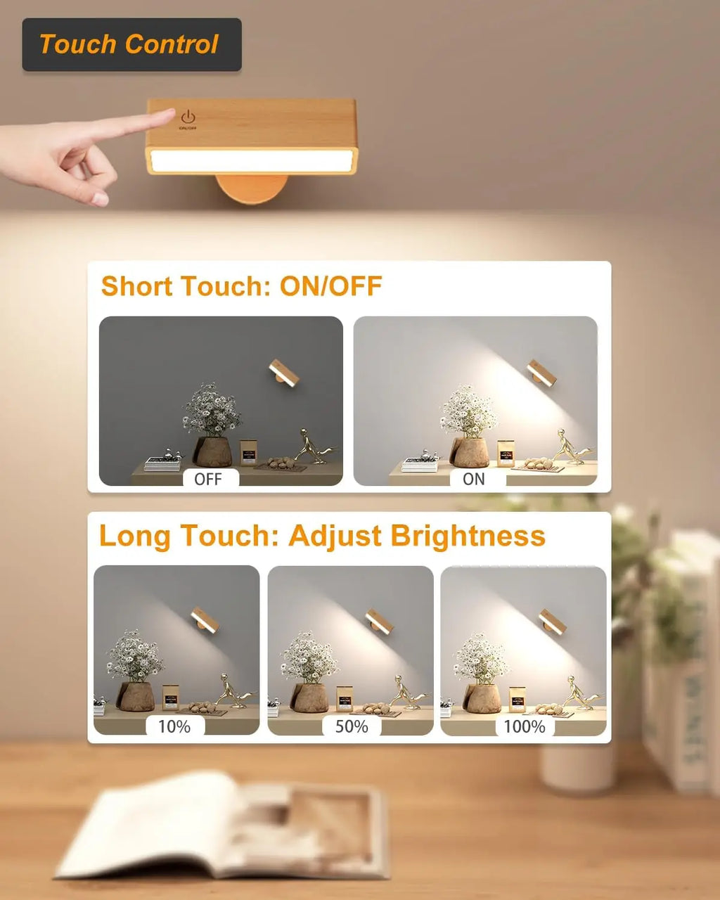 Wooden Wall Sconce, Cordless Rechargeable Reading Light