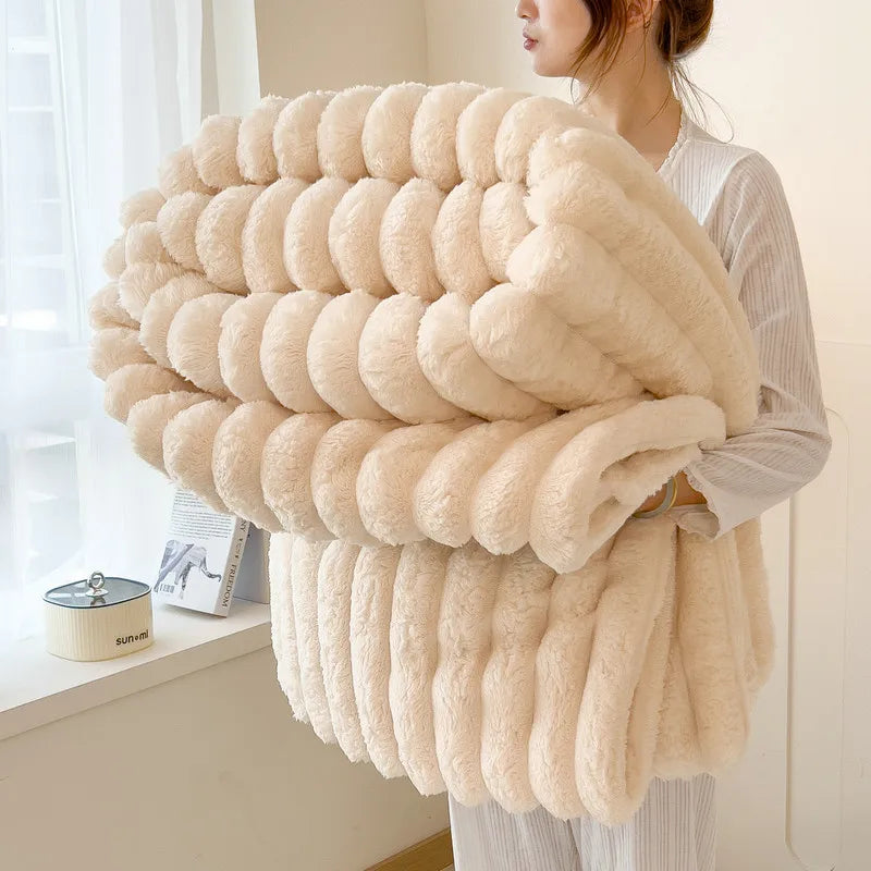 Cream ribbed faux fur throw blanket
