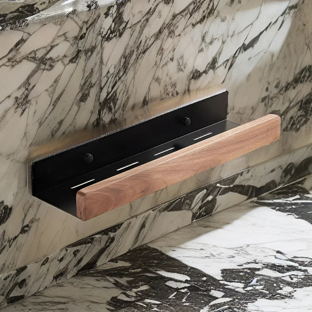 Walnut Bathroom Shelf, Wall-Mounted Wood & Metal Shelf
