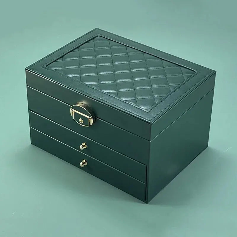 Quilted Leather Jewelry Box, 3-Tier Drawer Organizer