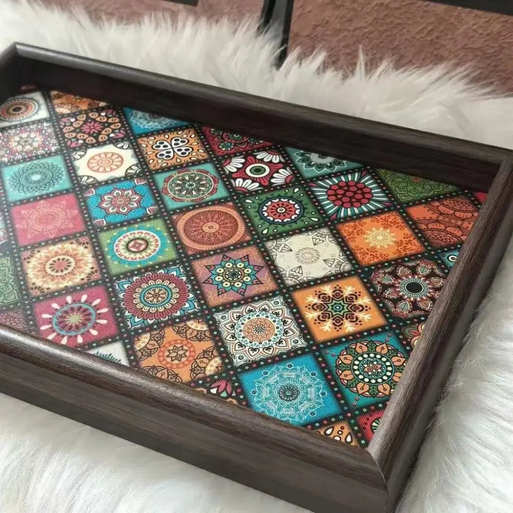Bohemian Mosaic Wooden Tray, Patterned Serving & Vanity Tray