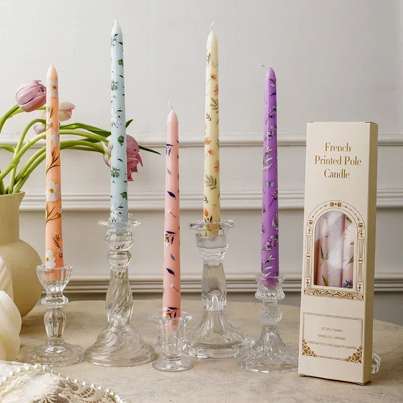 Printed Taper Candles, Hand-Painted Floral Dinner Candles (Set of 2)