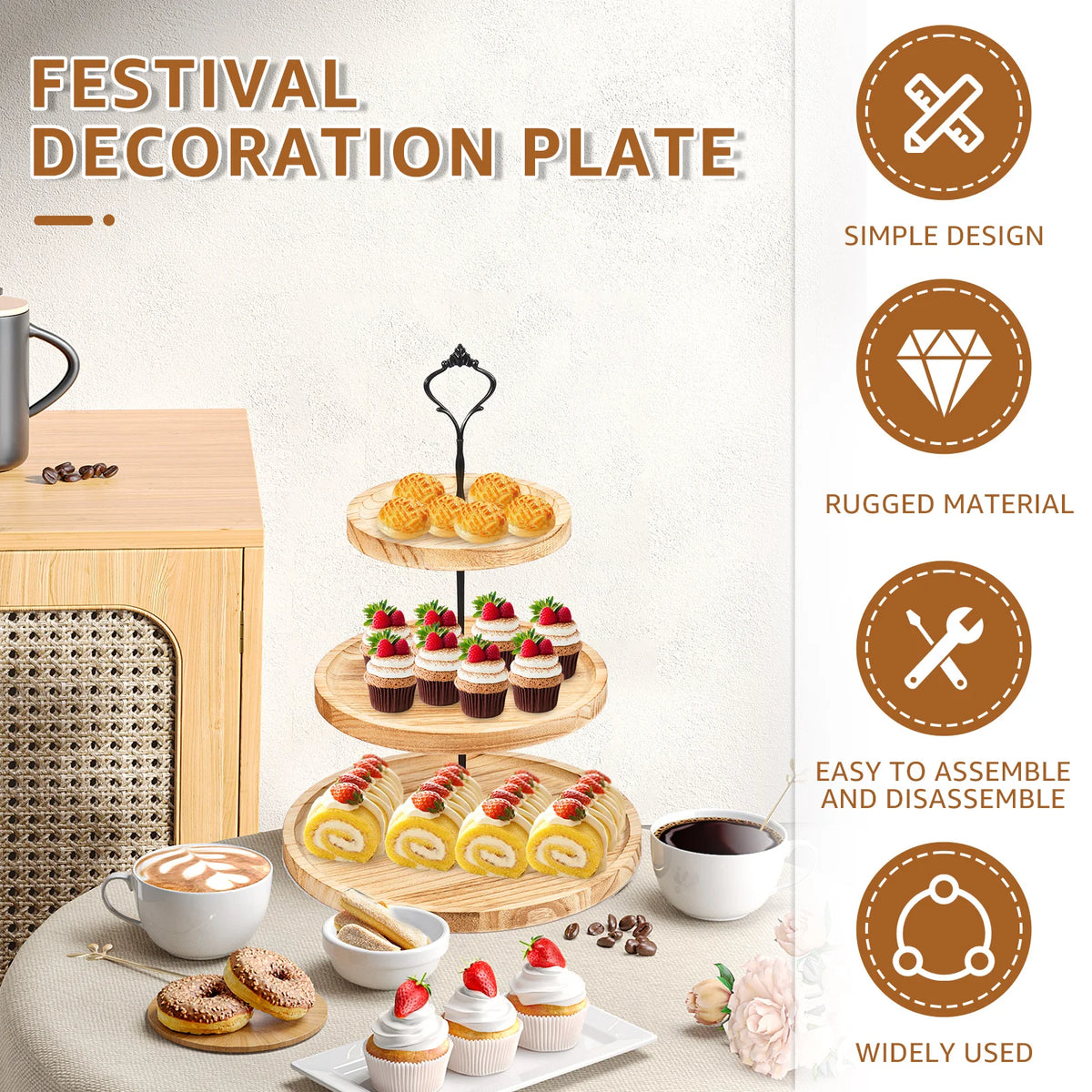 3-Tier Wooden Serving Stand, Farmhouse Dessert & Cupcake Tower