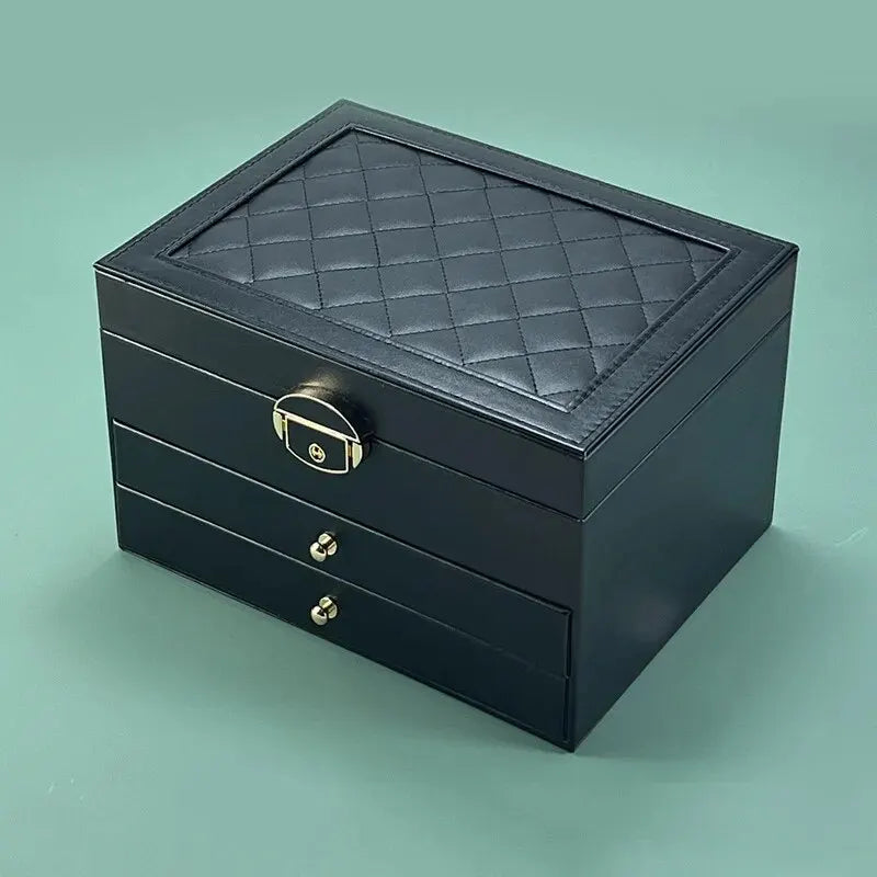 Quilted Leather Jewelry Box, 3-Tier Drawer Organizer