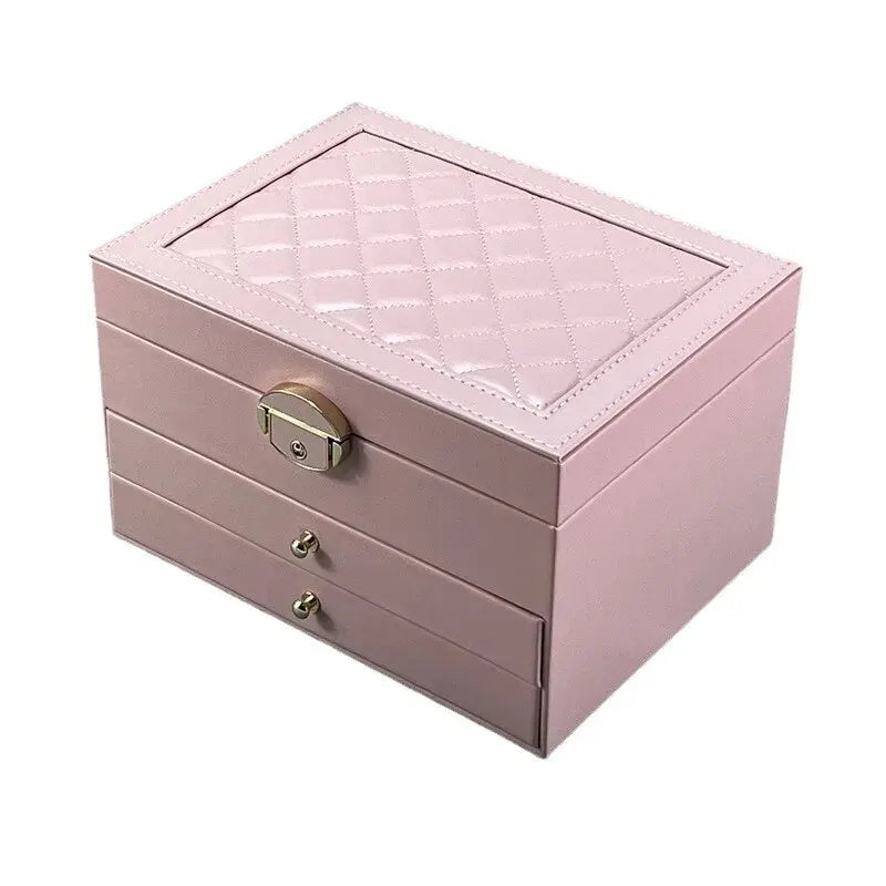 Quilted Leather Jewelry Box, 3-Tier Drawer Organizer