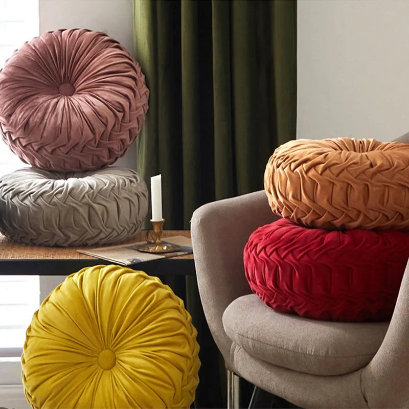 Pleated Velvet Pumpkin Pillow, Round Tufted Throw Cushion