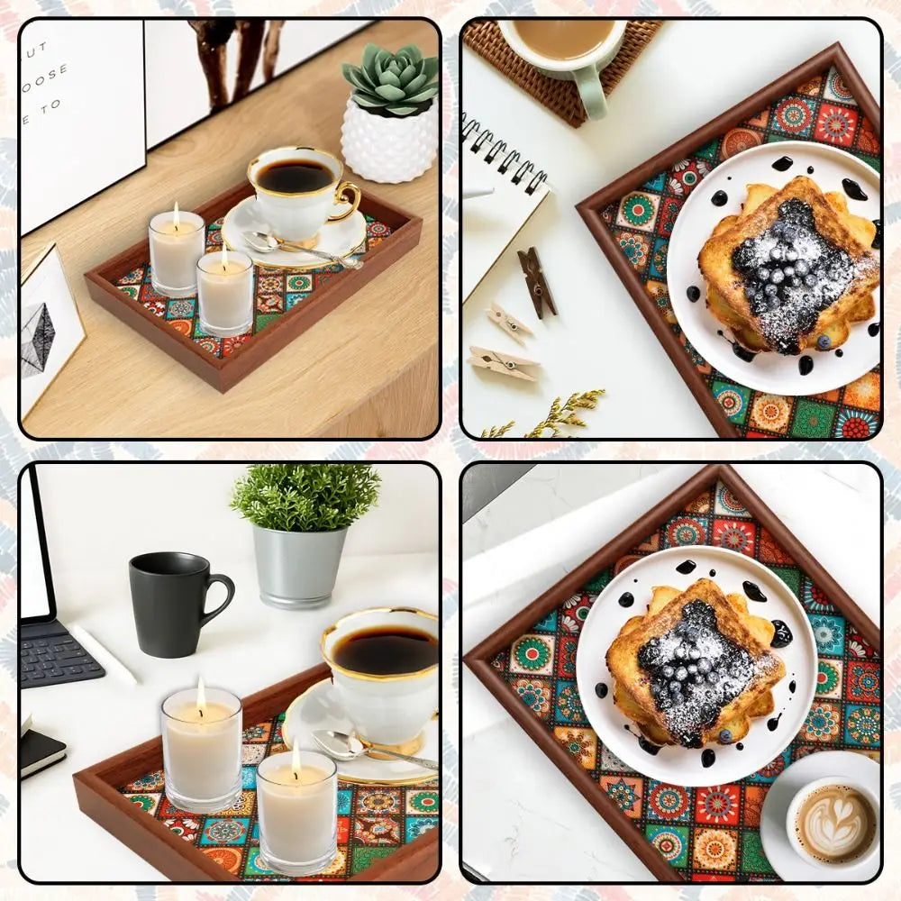 Bohemian Mosaic Wooden Tray, Patterned Serving & Vanity Tray