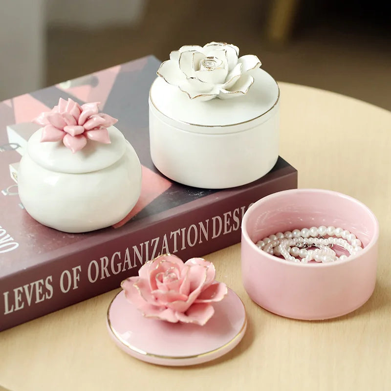 Porcelain Flower Trinket Jar, Lidded Jewelry Box