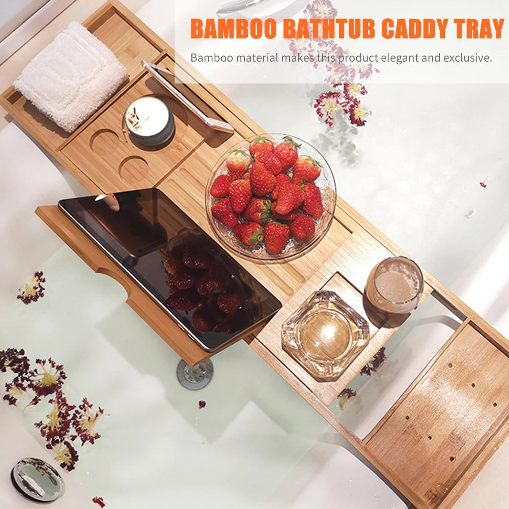 Bamboo Bathtub Caddy Tray, Extendable Bath Tray with Book & Wine Holder
