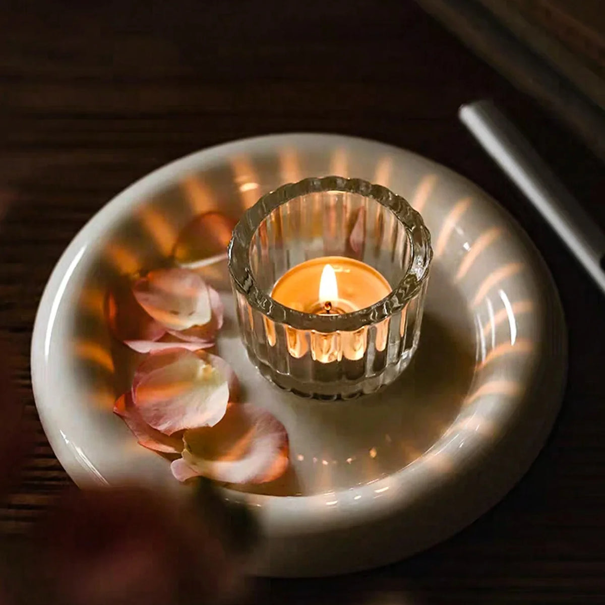 Ribbed glass tealight holders, set of 2
