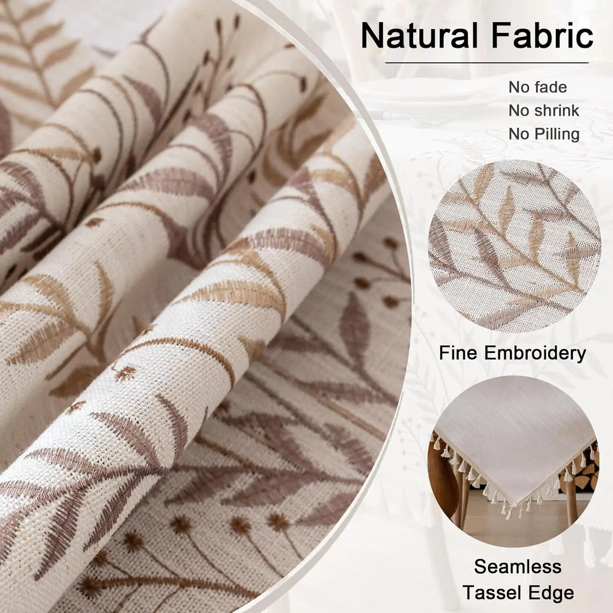 Embroidered Linen Tablecloth, Farmhouse Table Cover with Tassels