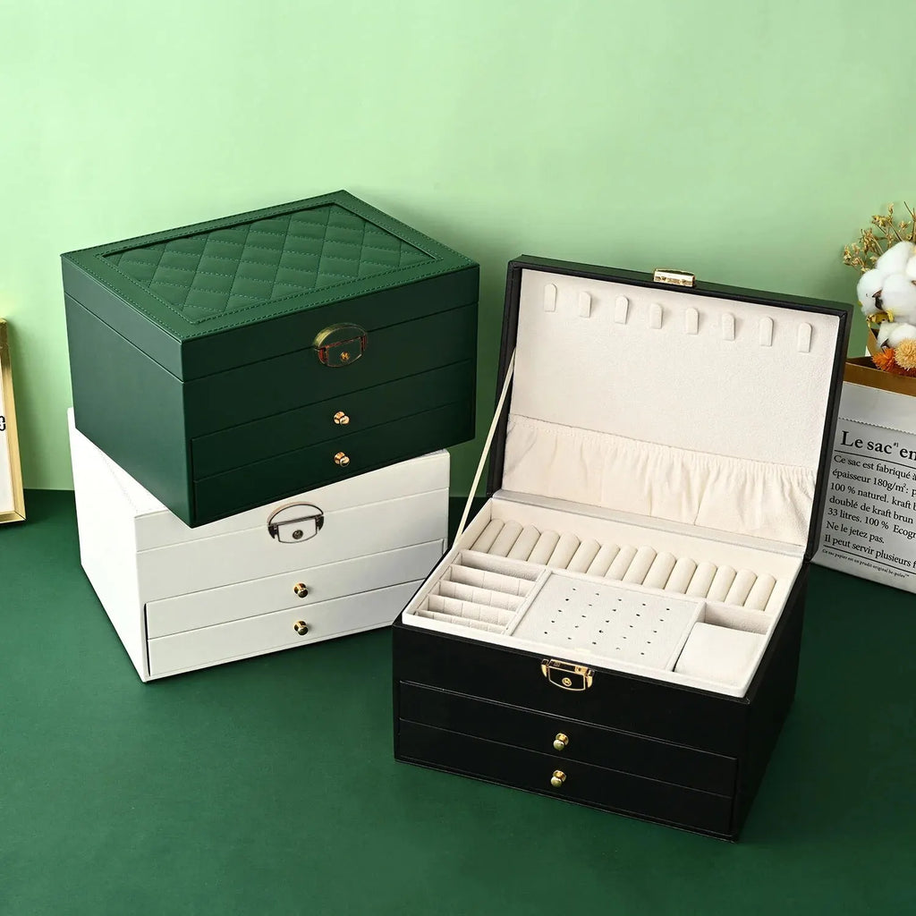 Quilted Leather Jewelry Box, 3-Tier Drawer Organizer