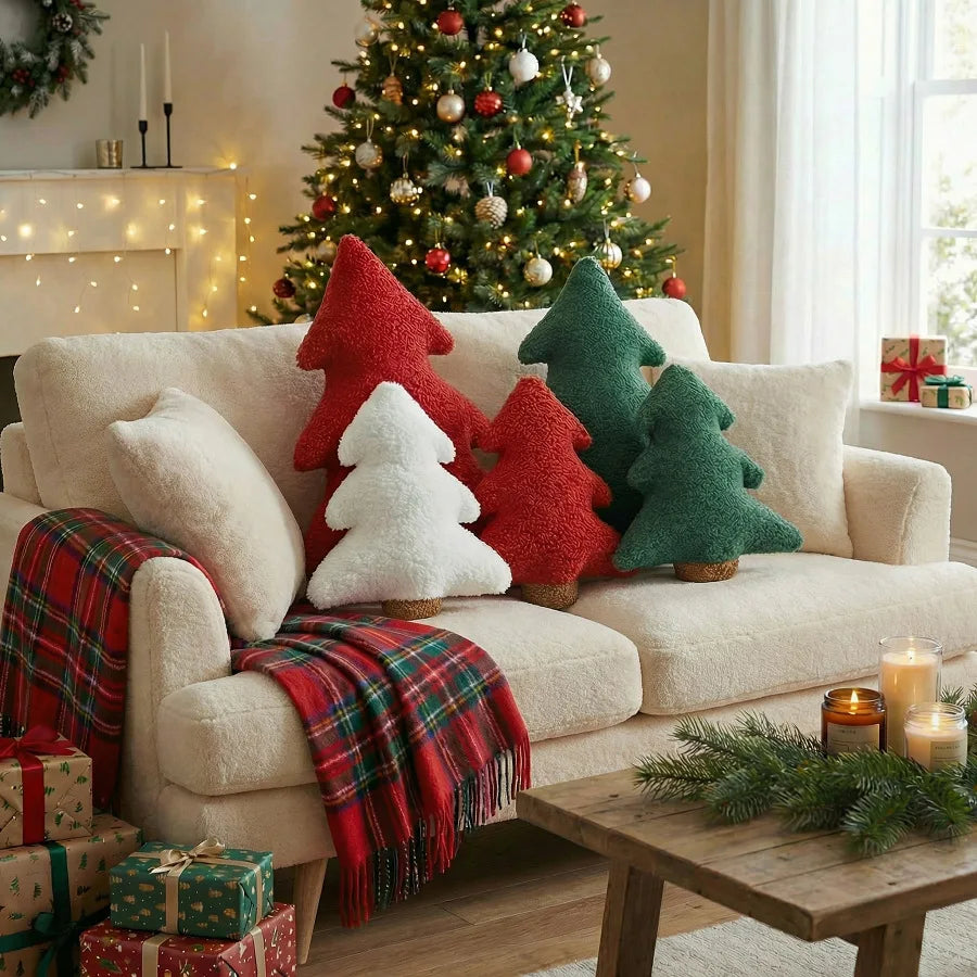 Christmas Tree Pillow, Plush Tree-Shaped Throw Cushion